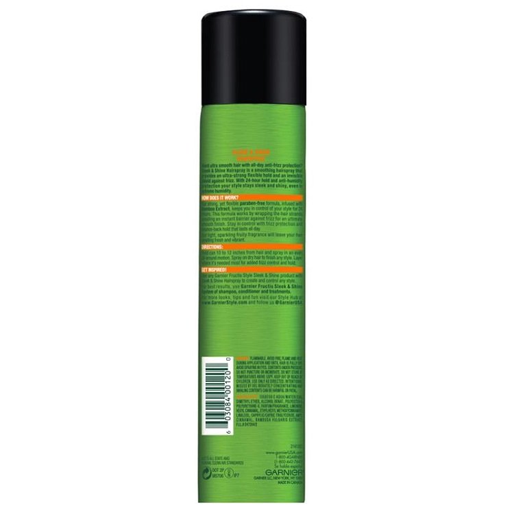 Back pack shot of Garnier Fructis Sleek & Shine hairspray.